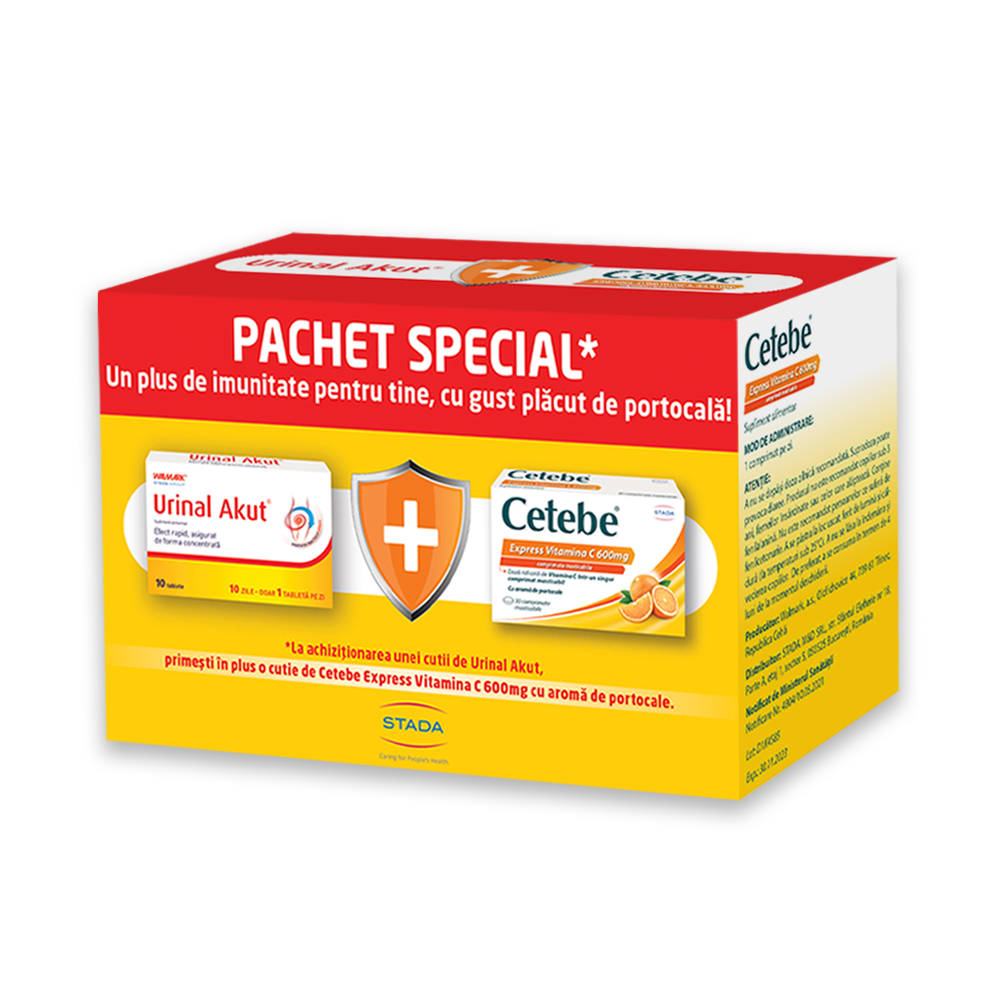 Pachet Urinal Akut + Cetebe Express Vit C 600 mg, 10 tablete + 30 comprimate, Stada