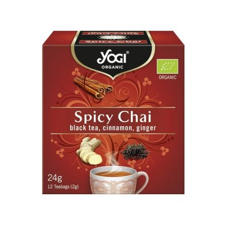 Ceai bio cu mirodenii, ceai negru, scortisoara, ghimbir Spicy Chai, 12 plicuri/ 24 g, Yogi Tea