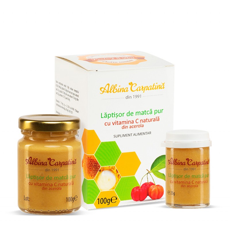 Laptisor de matca pur cu vitamina C din Acerola, 100 g +25 g, Albina Carpatina