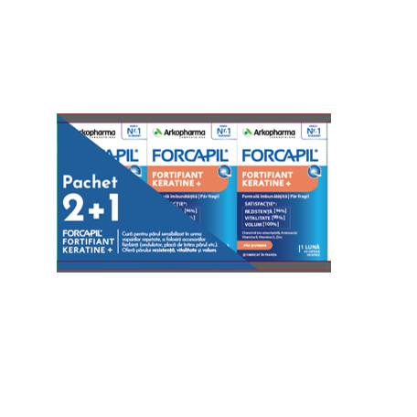 Pachet 2 +1 Forcapil Fortifiant Keratine, 3 x 60 capsule vegetale, Forcapil