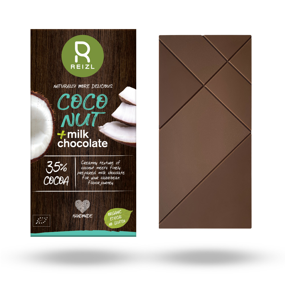 Ciocolata Bio cu lapte si nuca de cocos, 70 gr, Reizl