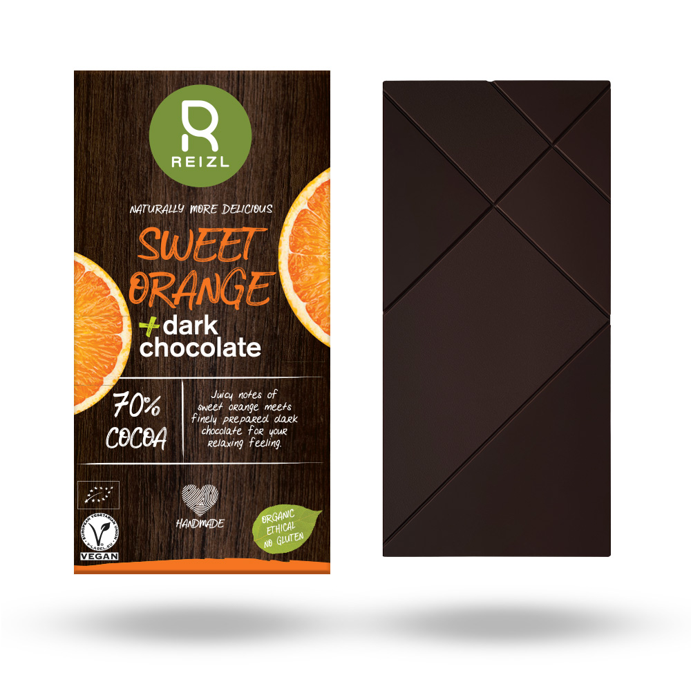 Ciocolata neagra Bio cu portocale dulci, 70 gr, Reizl