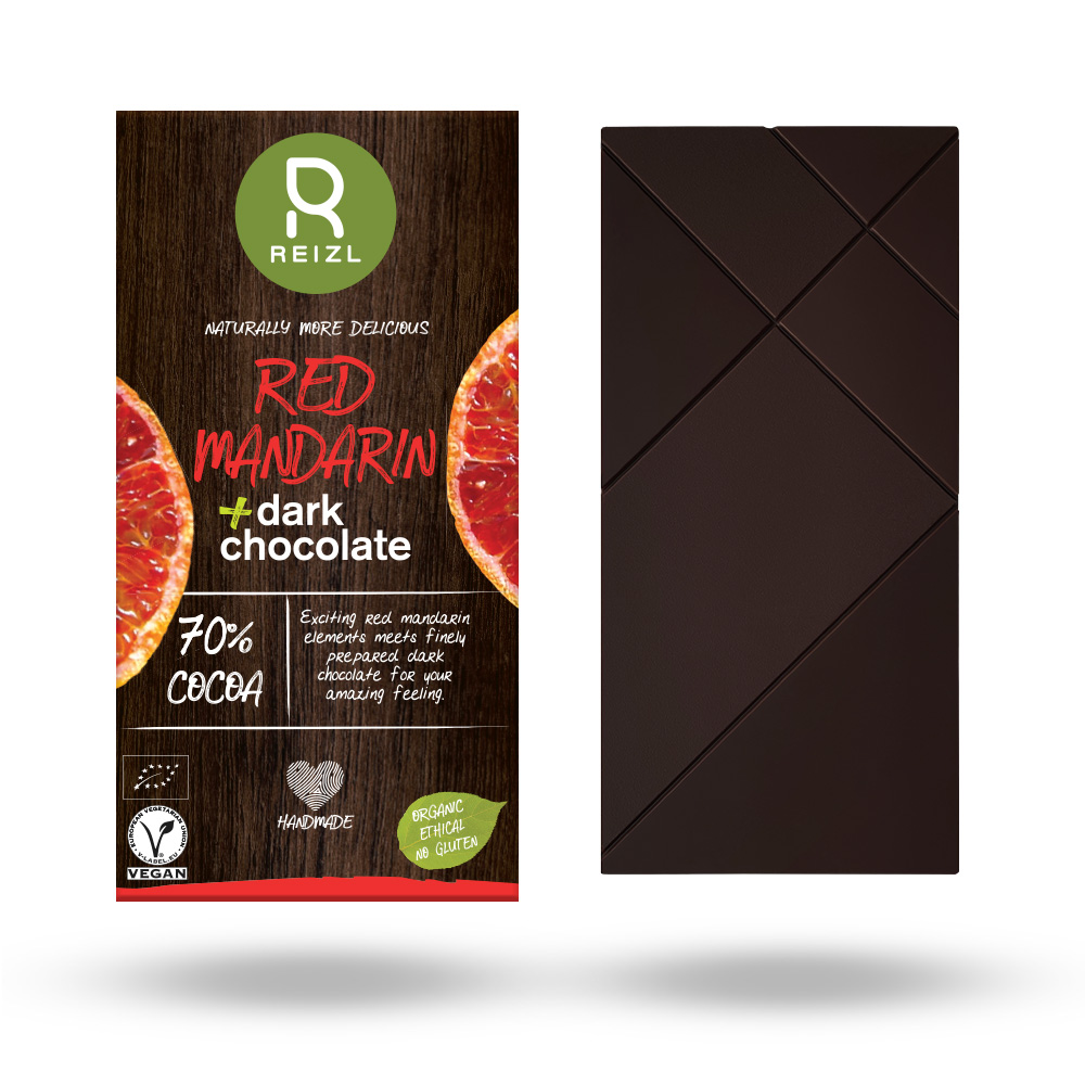 Ciocolata Bio neagra cu mandarina rosie, 70 gr, Reizl
