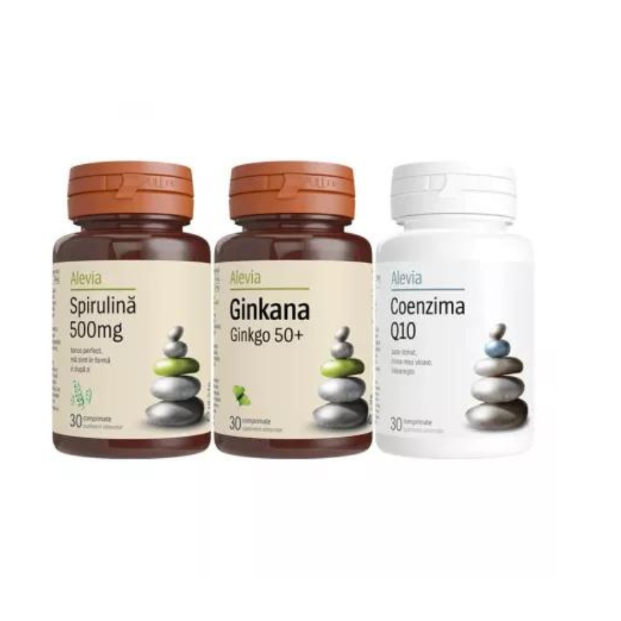 Pachet Spirulina 500 mg, 30 comprimate + Ginkana Ginkgo 50+, 30 comprimate + Coenzima Q10, 30 comprimate, Alevia