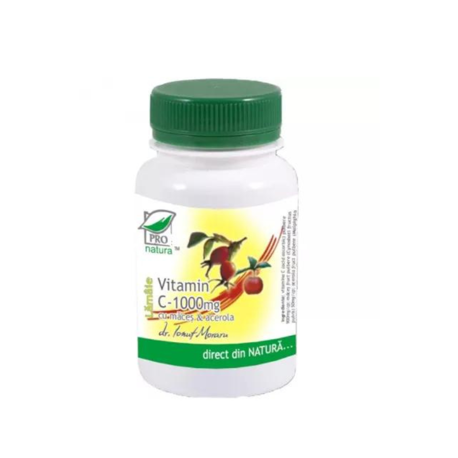 Vitamina C 1000mg cu lamaie, macese si acerola, 60 capsule, Pro Natura