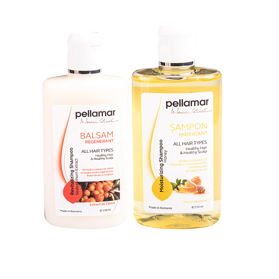 Oferta pachet, Beauty Hair, Sampon hidratant 250 ml si Balsam regenerant cu extract de catina 250 ml, Pellamar