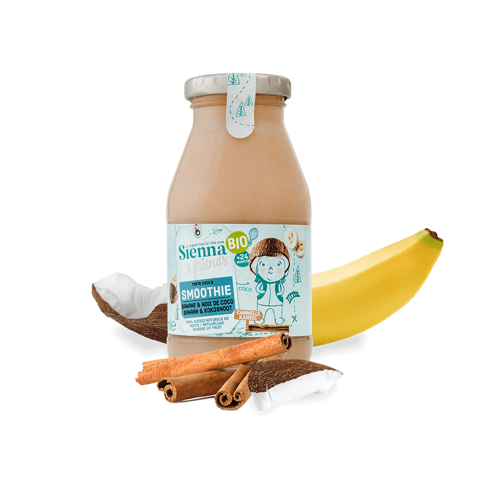 Smoothie Bio din banana, cocos si scortisoara, 24 luni +, 200 ml, Sienna & friends