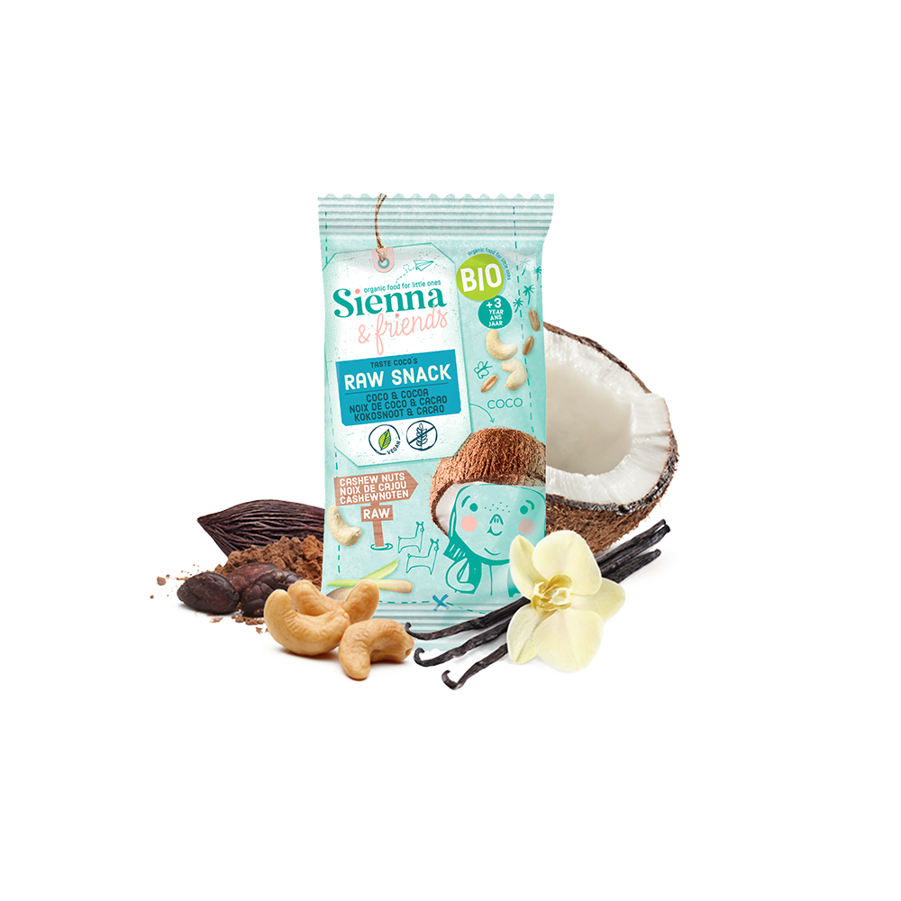 Snack raw vegan Bio cu cocos si cacao, 3 ani +, 20 g, Sienna & friends