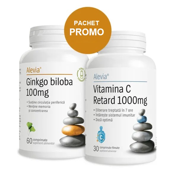 Ginkgo Biloba 100 mg + Vitamina C Retard, 1000 mg, 60 + 30 comprimate, Alevia