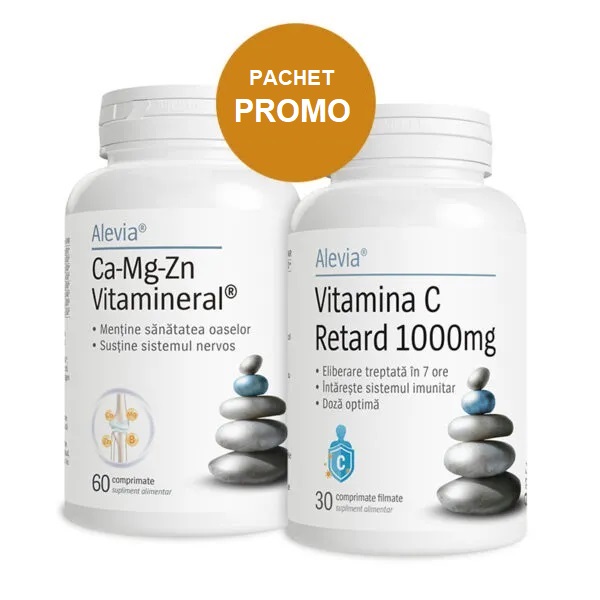 Calciu - Magneziu - Zinc Vitamineral + Vitamina C Retard, 1000 mg, 60 + 30 comprimate, Alevia