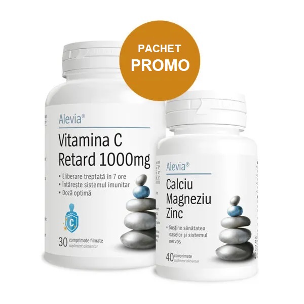 Calciu - Magneziu - Zinc + Vitamina C Retard, 1000 mg, 40 + 30 comprimate, Alevia