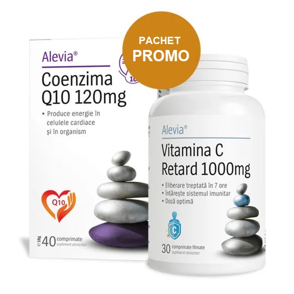 Coenzima Q10 120 mg + Vitamina C Retard, 1000 mg, 40 + 30 comprimate, Alevia