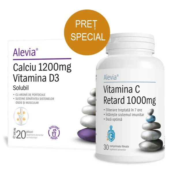 Calciu 1200 mg si Vitamina D3 + Vitamina C Retard 1000 mg, 20 plicuri + 30 comprimate, Alevia