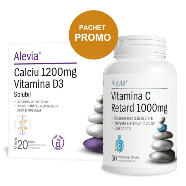 Calciu 1200 mg si Vitamina D3 + Vitamina C Retard, 1000 mg, 20 plicuri + 30 comprimate, Alevia