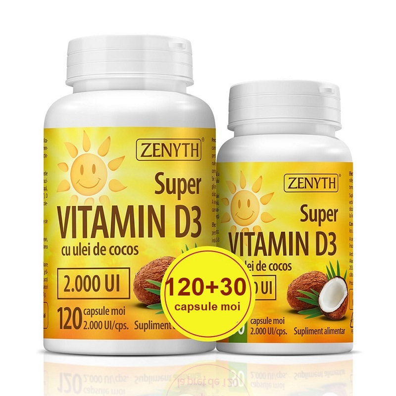 Pachet Super Vitamina D3 2000UI, 120 + 30 capsule, Zenyth