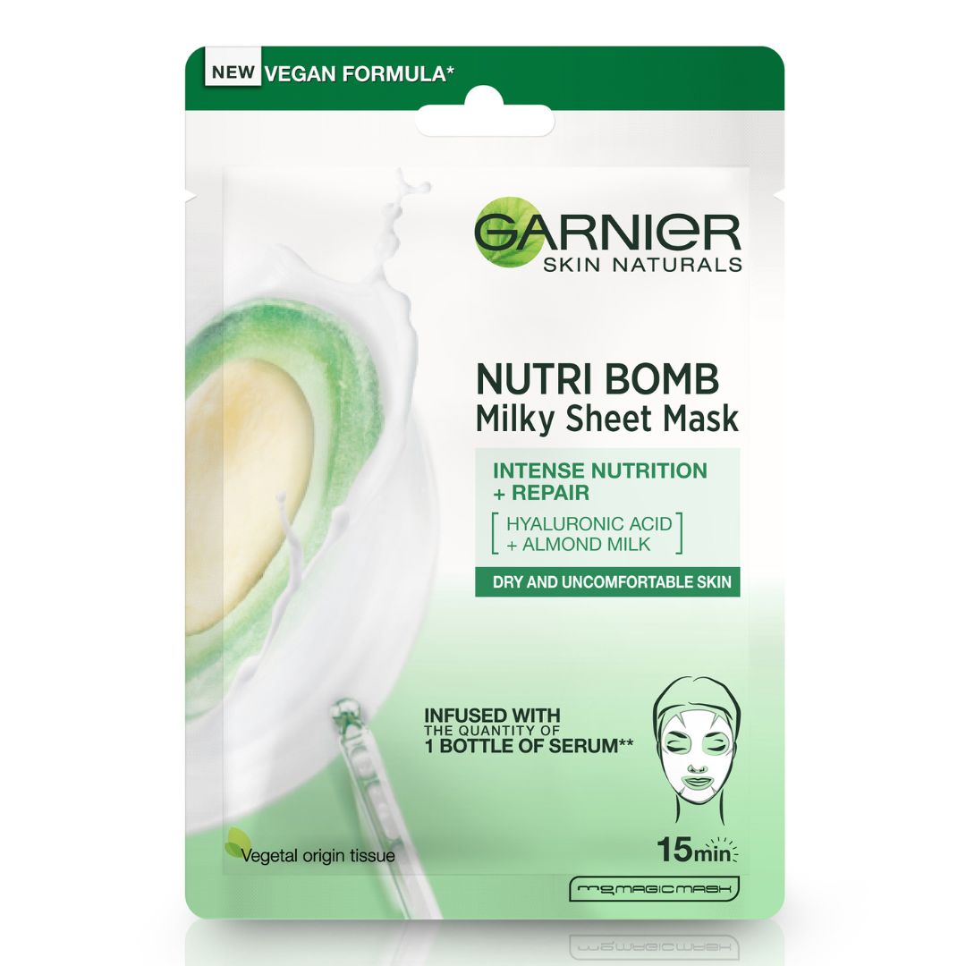 Masca servetel Garnier cu Lapte de Migdale si Acid Hialuronic Nutri Bomb, 28 g, Loreal