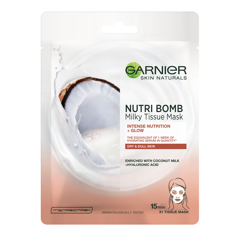 Masca servetel Garnier cu lapte de cocos si acid hialuronic Nutri Bomb, 28 g, Loreal