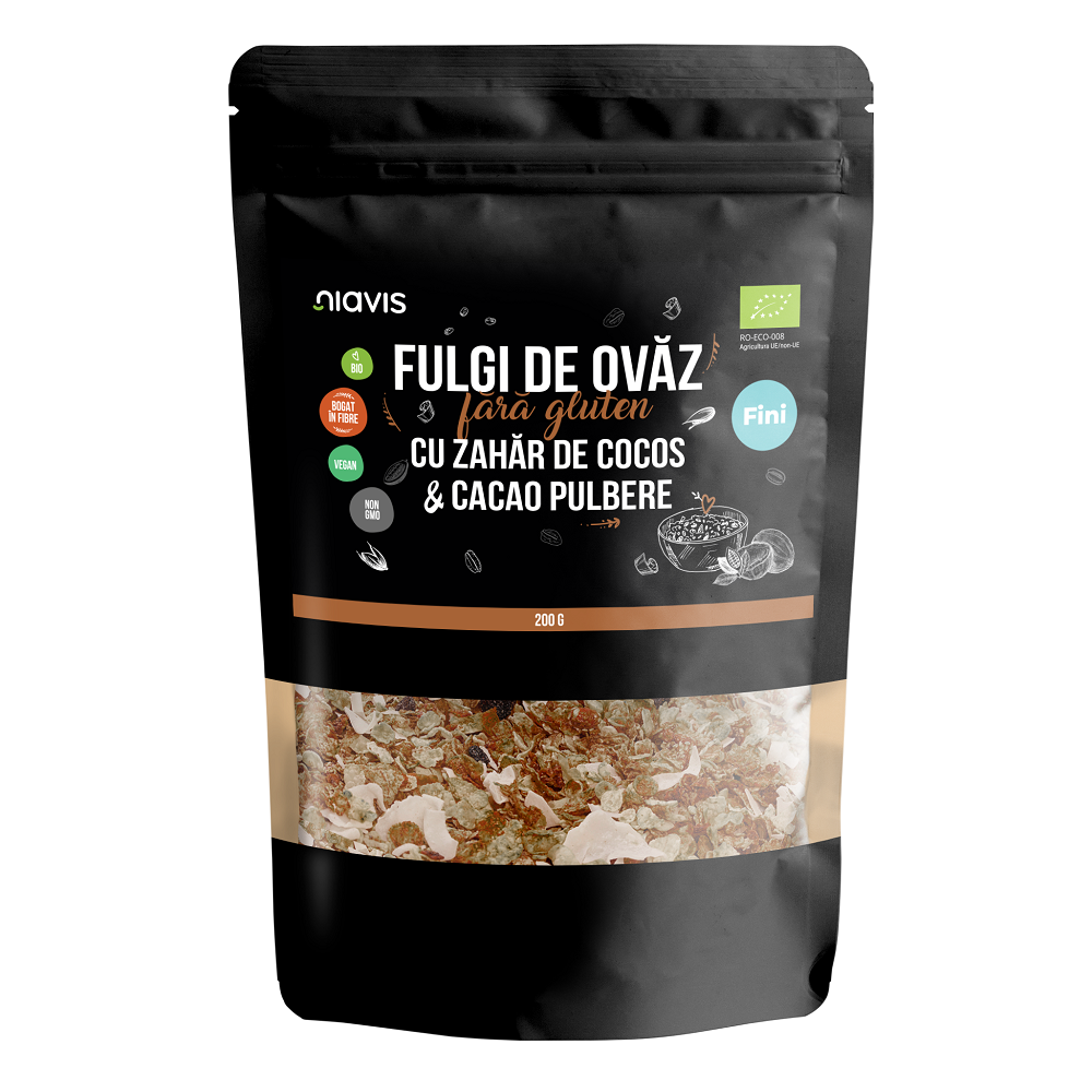 Fulgi de ovaz fini Bio cu zahar de cocos si cacao, 200 gr., Niavis Bio