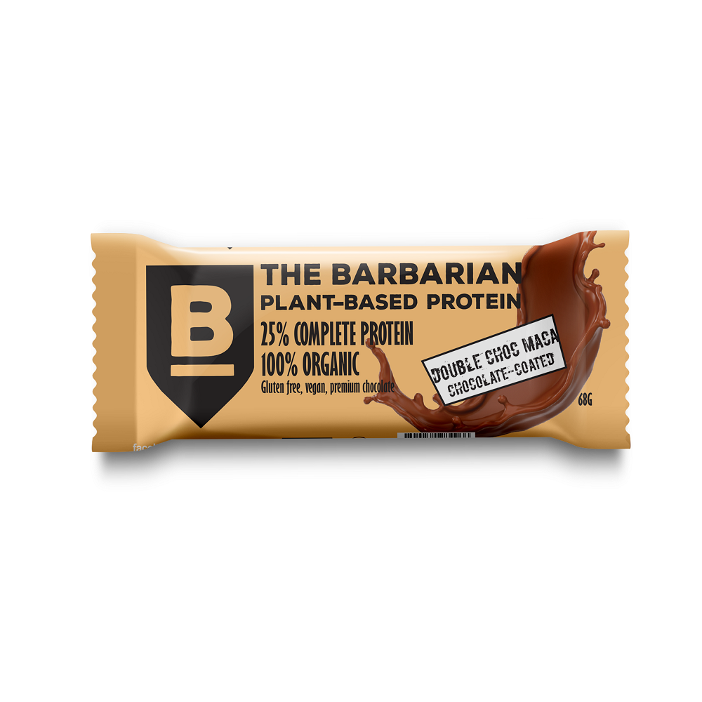 Baton proteic bio invelit in ciocolata dubla si Maca, 68 g, The Barbarian