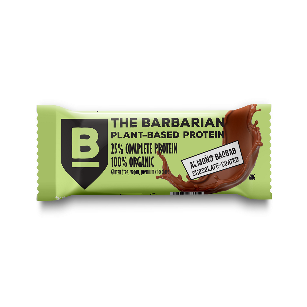 Baton proteic bio invelit in ciocolata cu migdale si boabab, 68 gr, The Barbarian