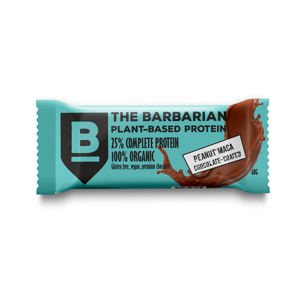 Baton proteic bio invelit in ciocolata cu Arahide si Maca, 68 gr, The Barbarian