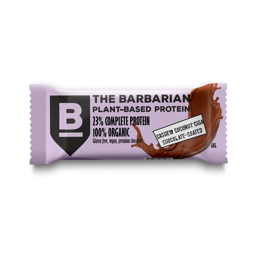 Baton proteic bio invelit in ciocolata cu caju, cocos si chia, 68 gr, The Barbarian