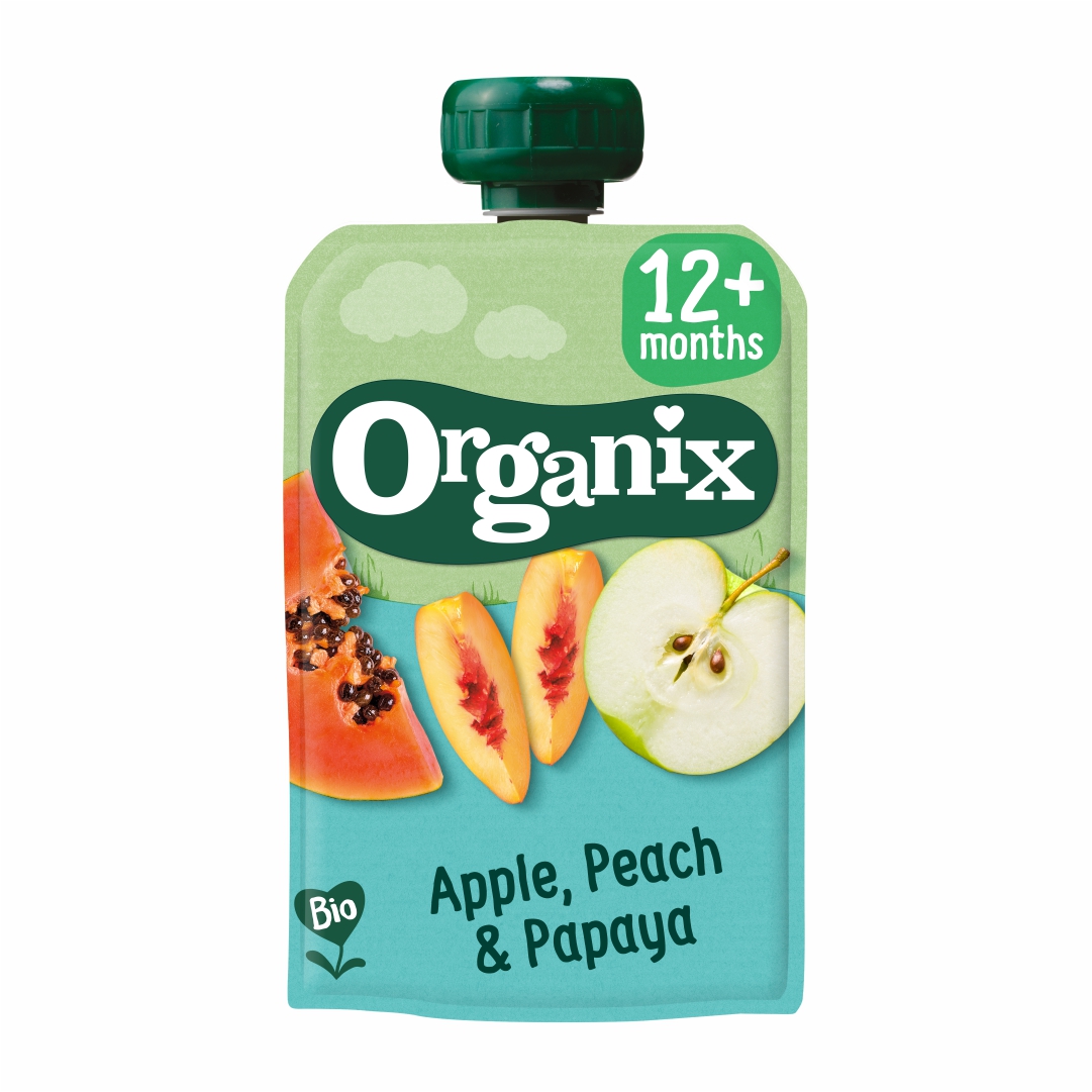 Piure Bio din mere, piersici si papaya, +12 luni, 100 g, Organix