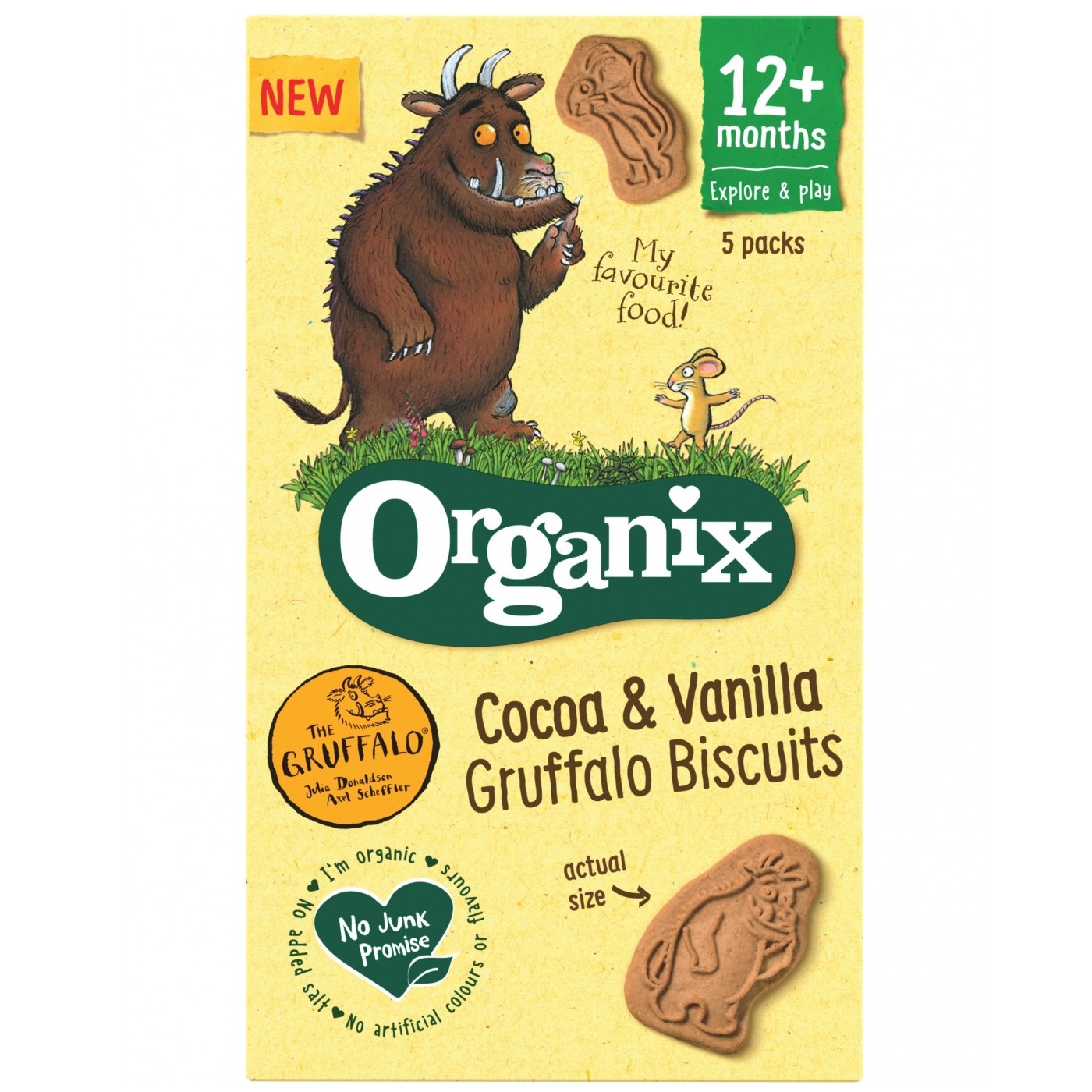Biscuiti Bio cu cacao si vanilie Gruffalo, +12 luni, 100 g 5 pungute x 20g, Organix