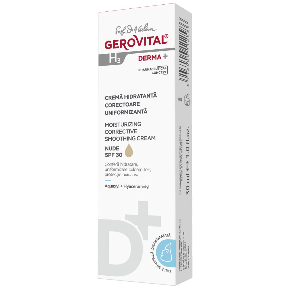 Crema hidratanta corectoare uniformizanta Gerovital H3 Derma+, 30 ml, Gerovital 542853