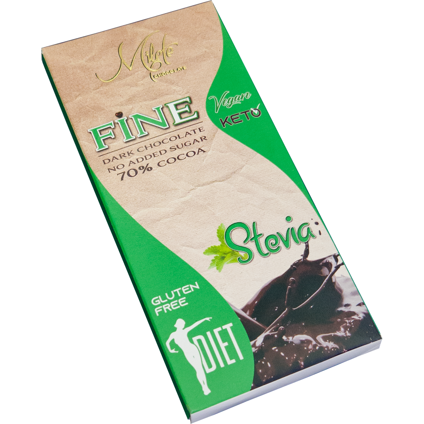 Ciocolata neagra dietetica indulcita cu Stevie, 70% cacao, 80 g, Milete
