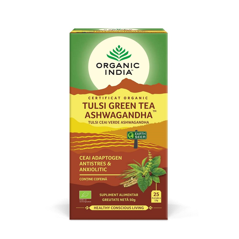 Ceai Bio Tulsi Green Tea si Ashwagandha, 25 plicuri, Organic India