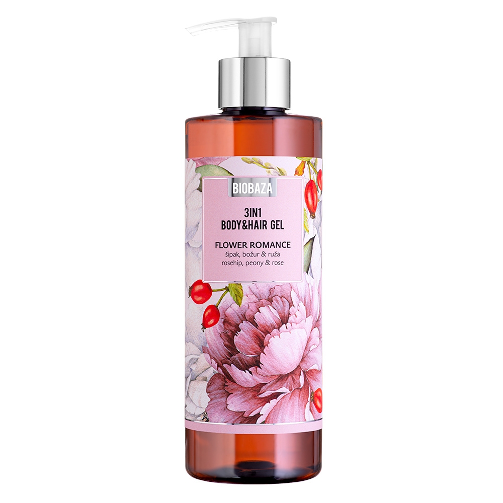 Sampon si gel de dus cu parfum natural de trandafir si extract de bujor Flower Romance, 400 ml, Biobaza
