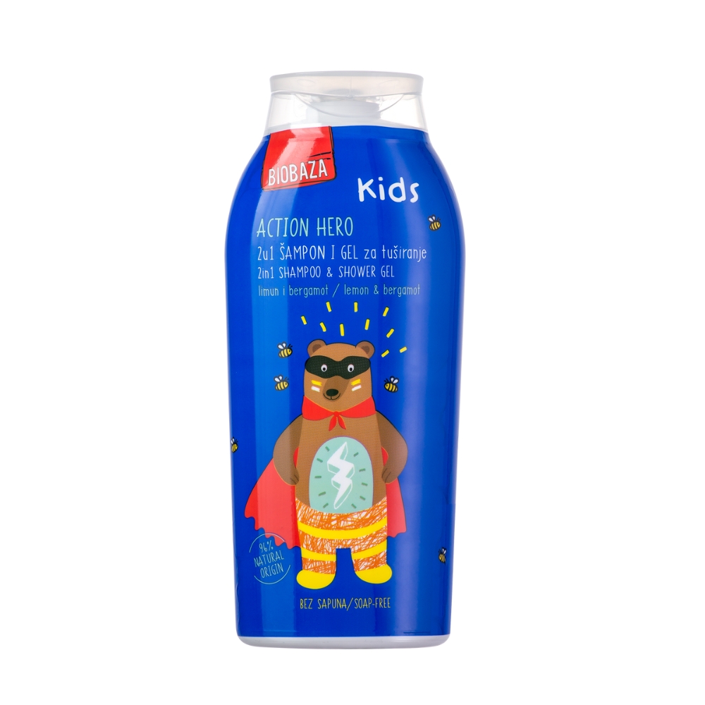 Sampon si gel de dus natural pentru copii Action Hero, 250 ml, Biobaza