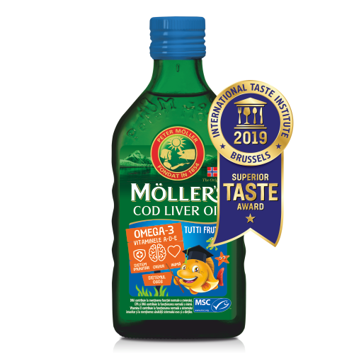 MOLLER'S Omega 3 ulei ficat de cod cu aromă tutti-frutti pentru copii, 250 ml, Moller’ s