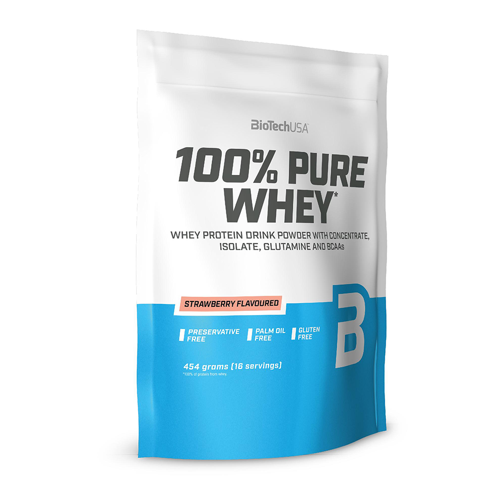 Pudra proteica 100% Pure Whey cu Capsuni, 454 g, BioTech