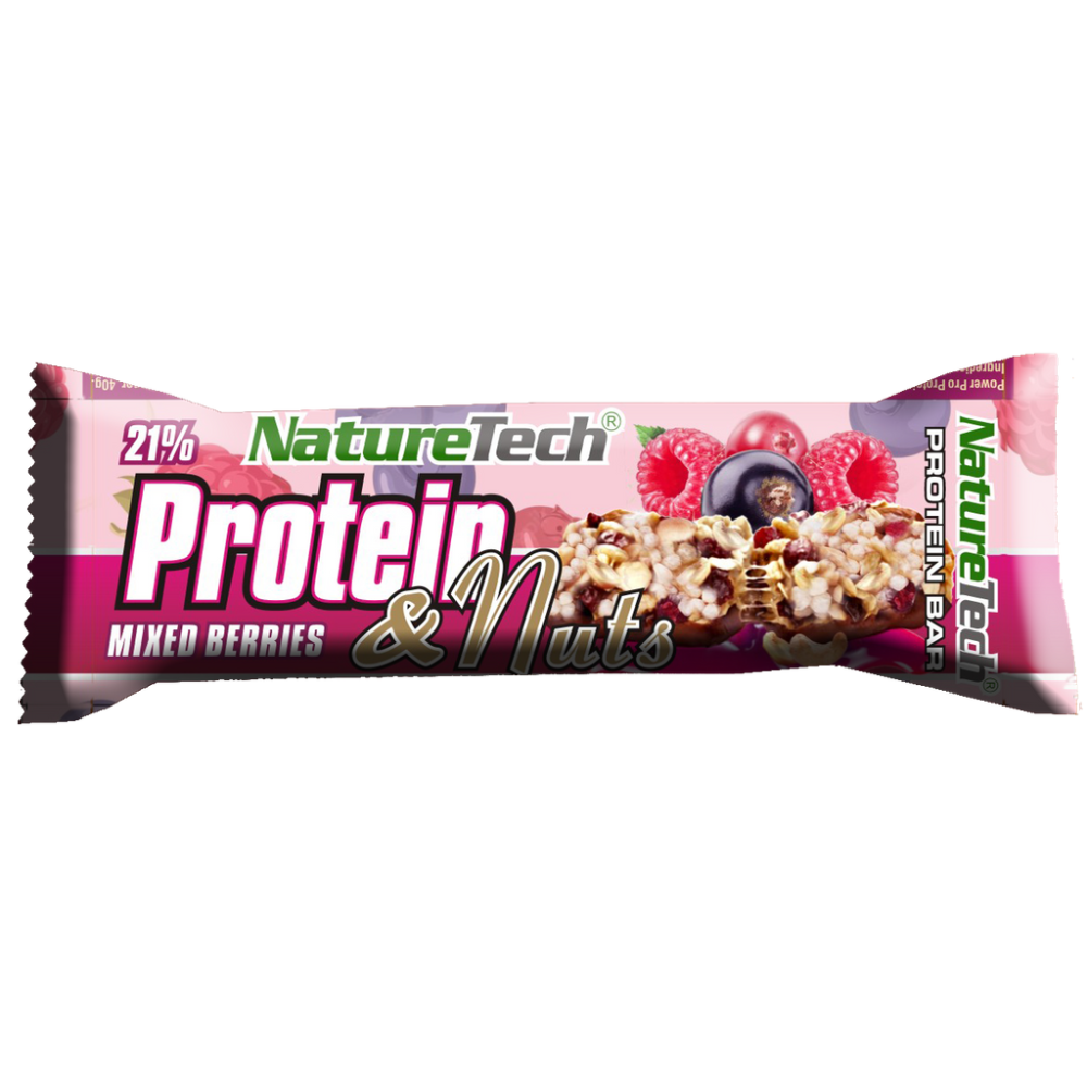 Baton energizant cu 21% Proteina, fructe de padure si nuci Protein nuts, 45 g, Nature Tech