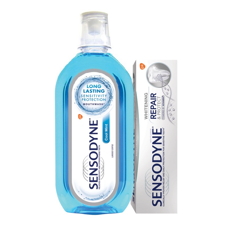 Pachet pasta de dinti Repair & Protect Whitening Sensodyne, 75 ml + Apa de gura Senzitivity Protection, 500 ml, Sensodyne