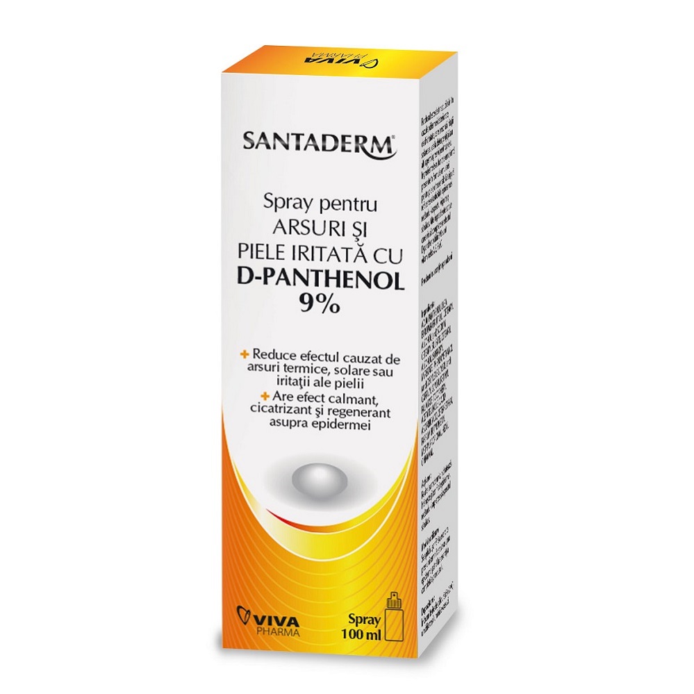 Spray pentru arsuri si piele iritata cu Phantenol 9% Santaderm, 100 ml, Viva Pharma
