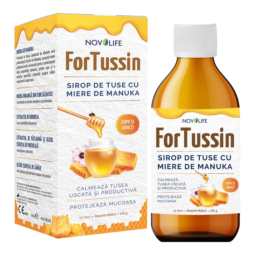 ForTussin sirop pentru tuse seaca si productiva cu miere de Manuka, 180 g, Novolife