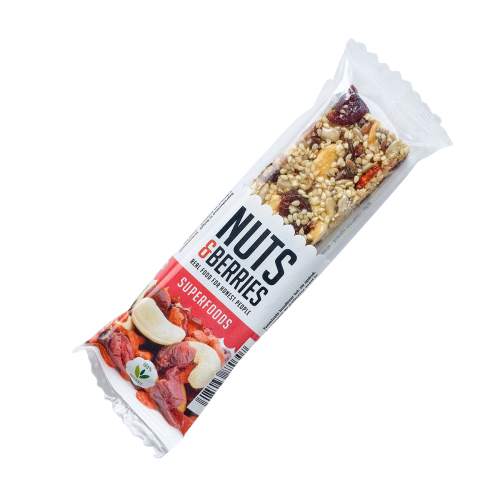 Baton crocant Bio Superfoods cu nuci, physalis si goji, 40 g, Nuts and Berries