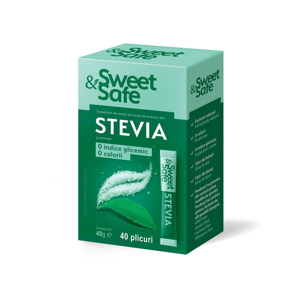Indulcitor natural Stevia, 40 plicuri, Sweet & Safe