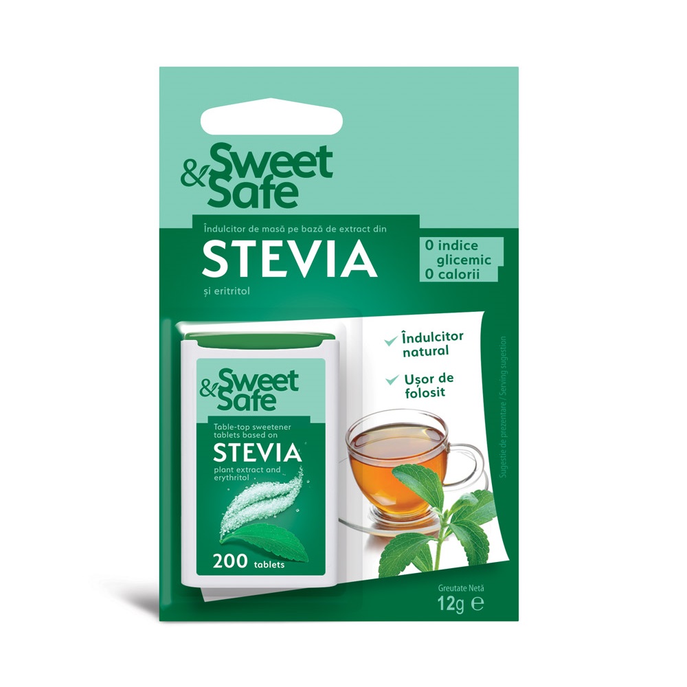 Indulcitor natural Stevia, 200 tablete, Sweet & Safe