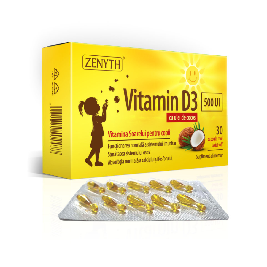 Vitamina D3 500 UI cu ulei de cocos, 30 capsule, Zenyth
