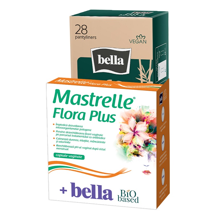 Pachet Mastrelle Flora Plus 10 capsule vaginale + Absorbante Zilnice Bio Based normal, 28 bucati, Bella