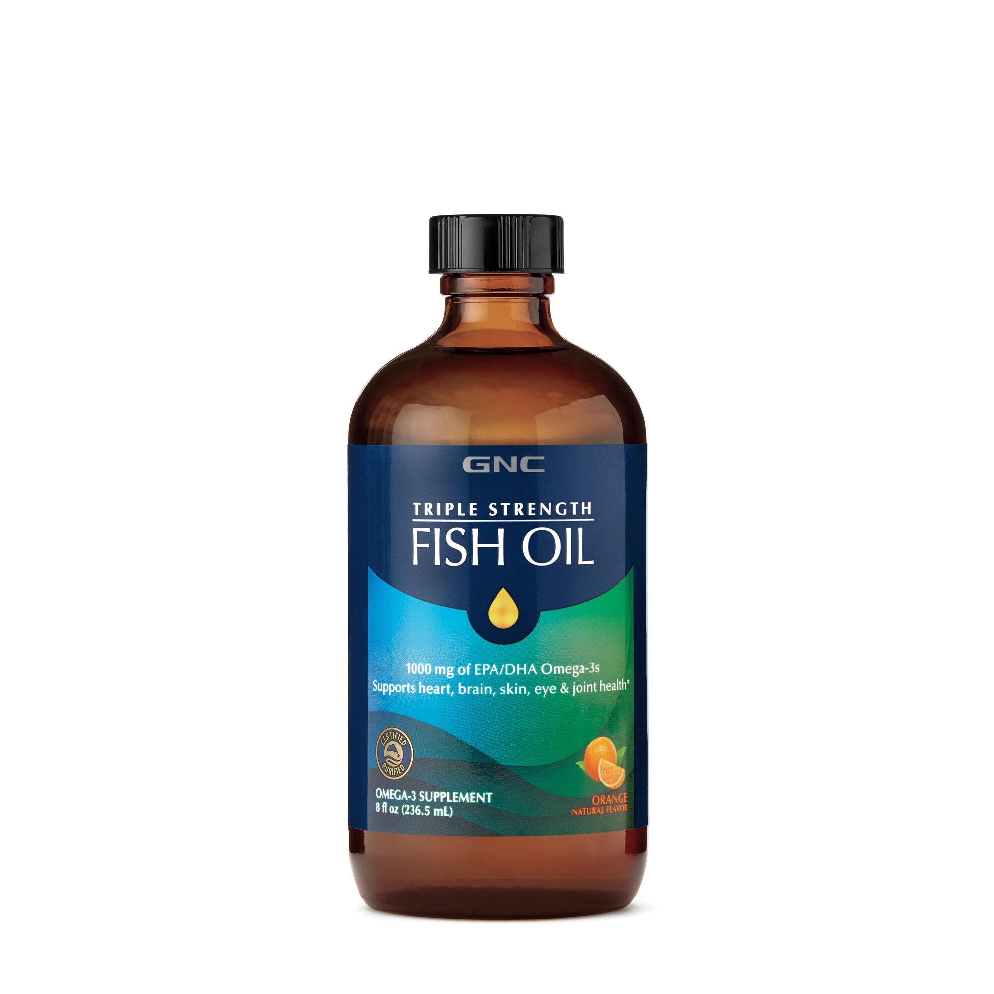 Ulei de Peste cu aroma naturala de portocale Triple Strength Fish Oil, 236.5 ml, GNC
