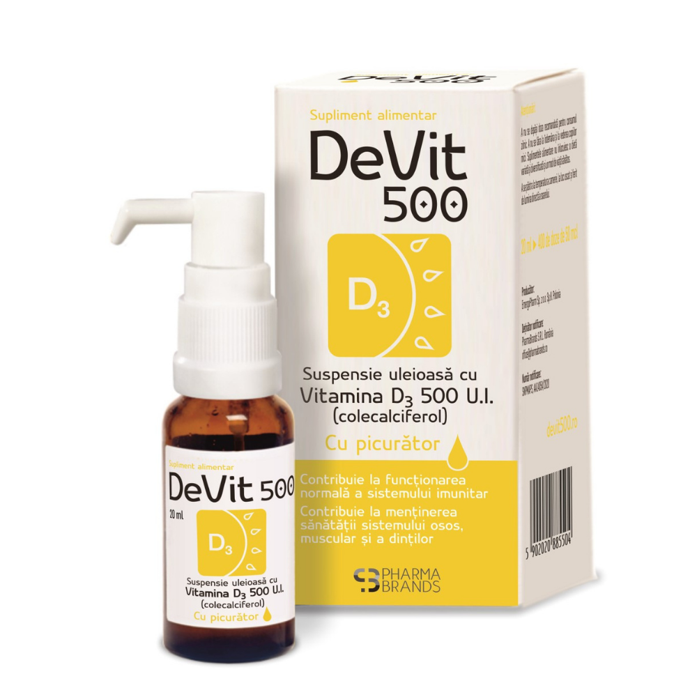 Suspensie uleioasa cu Vitamina D3 cu picurator, 500 U.I, 20 ml, DeVit 500