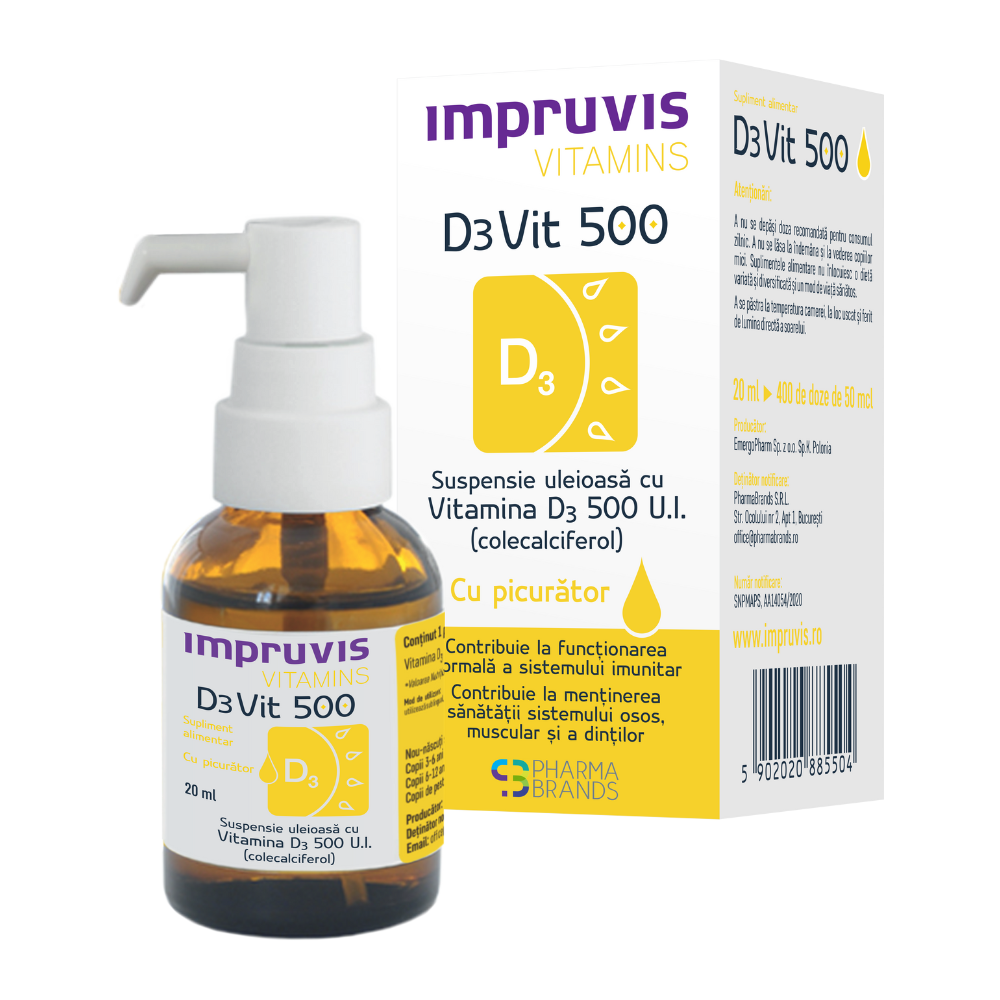 Suspensie uleioasa cu Vitamina D3 cu picurator, 500 U.I, 20 ml, DeVit 500