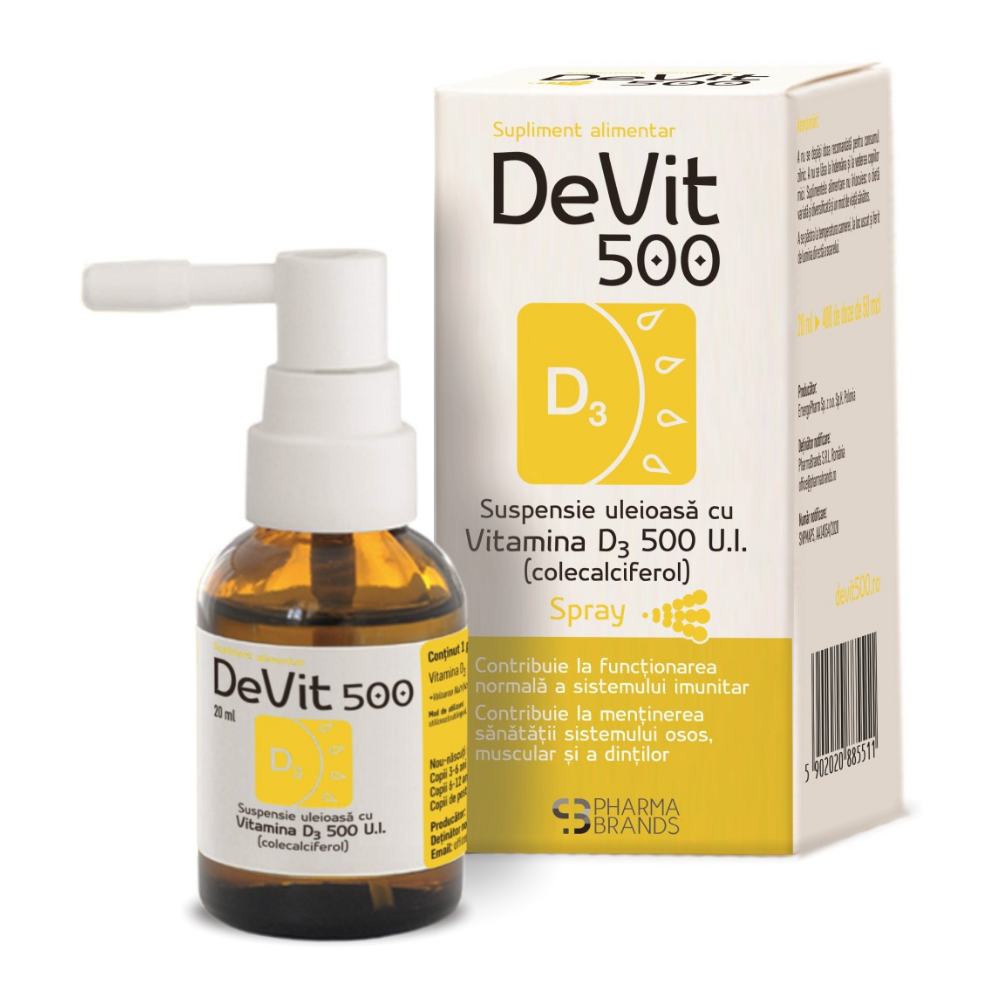 Suspensie uleioasa cu Vitamina D3 Spray, 500 U.I, 20 ml, DeVit 500
