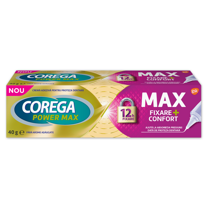 Crema adeziva pentru proteza dentara Corega Power Max Fixare+Confort, 40 g, Corega
