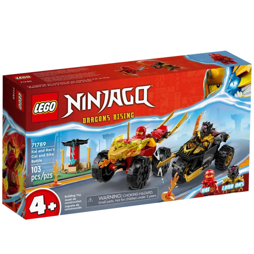 Infruntarea dintre Kai in masina si Ras pe motocicleta Lego Ninja, +4 ani, 71789, Lego